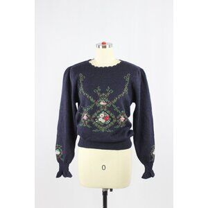 Vintage 90's HERMAN GEIST Navy Blue Knit Hand Embroidered Floral Sweater, Size S